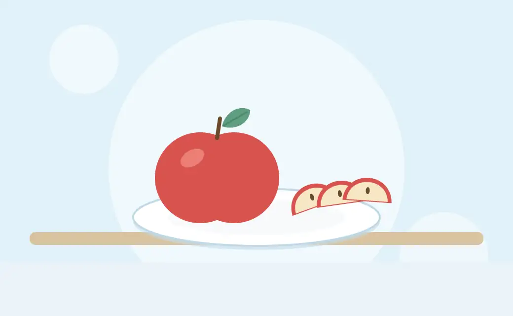 Illustration of a red apple and apple slices on a plate