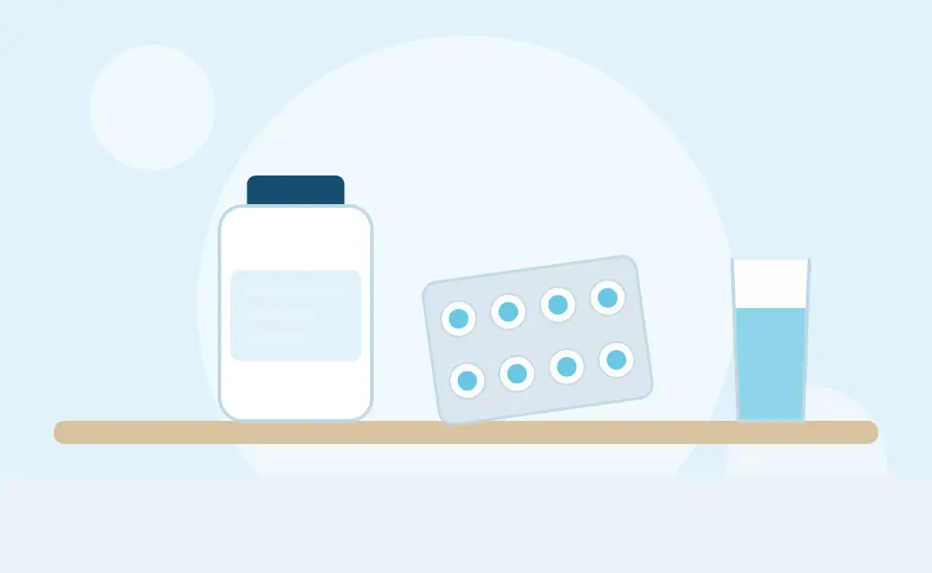 Illustration of a plain bottle with no label text, a blister card of small tablets and a glass of water