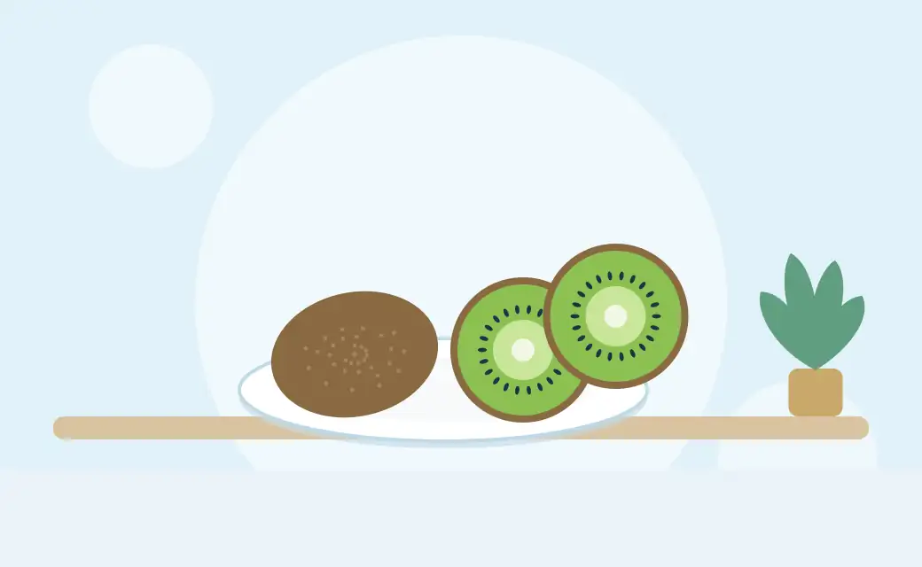 Illustration of a whole kiwifruit and two kiwifruit halves on a plate